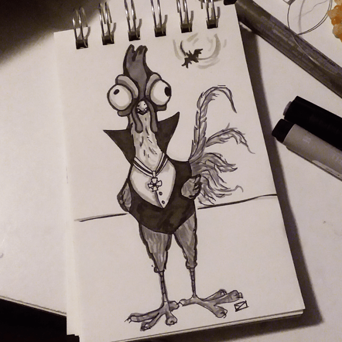 an ink drawing of Hei Hei from Moana dressed as a classic Dracula