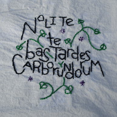 embroidered text -- 'nolite bastardes carborundorum' -- surrounded by embroidered vines and flowers